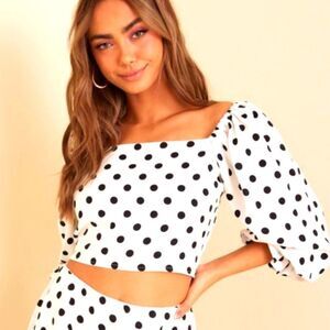 BLACK WHITE POLKA DOT DOMINO EFFECT OFF  SHOULDER PUFF SLEEVE MIDRIFF CROP TOP